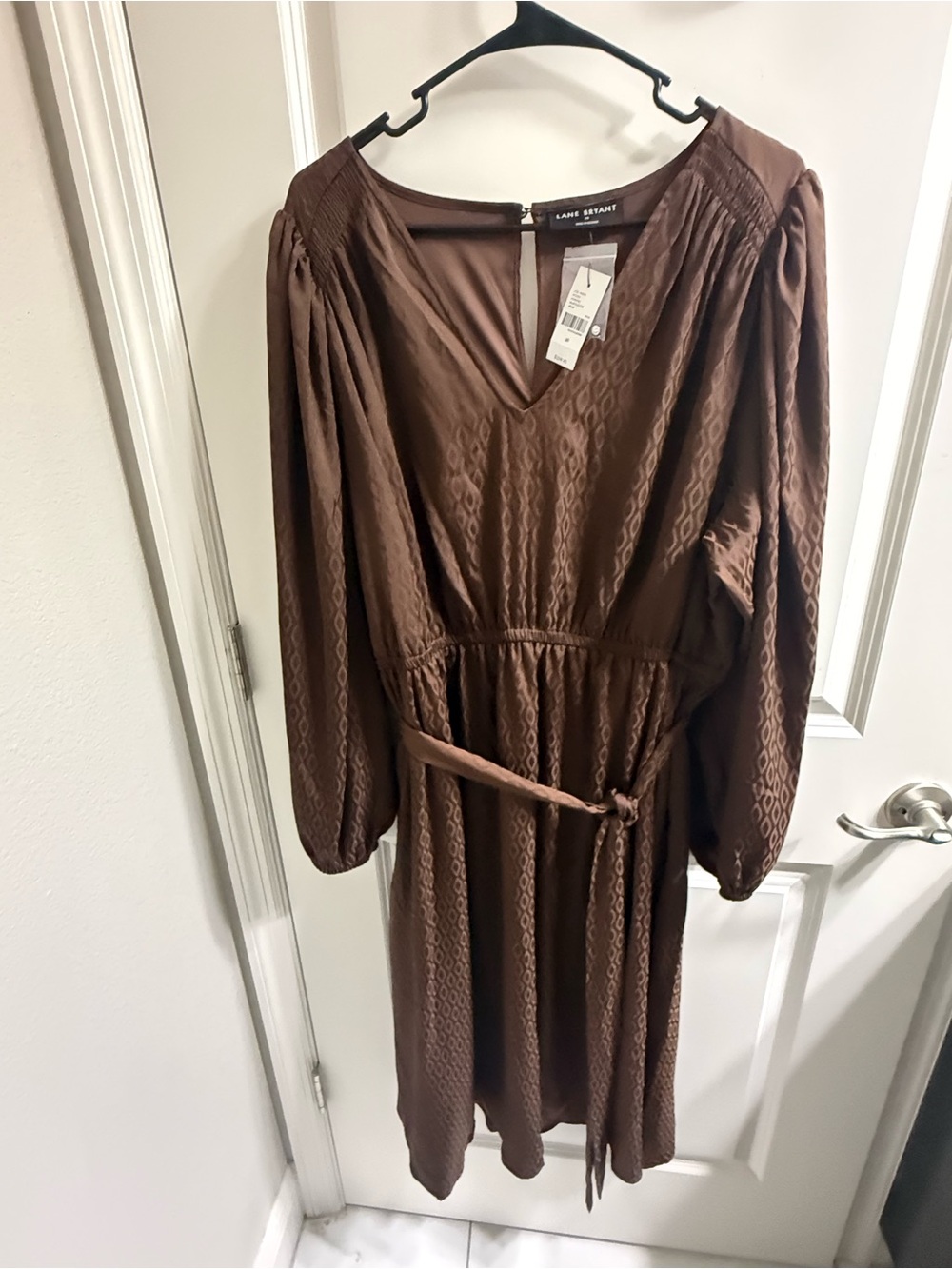 Lane Bryant Chocolate Brown Long Sleeve Textured Belted Dress